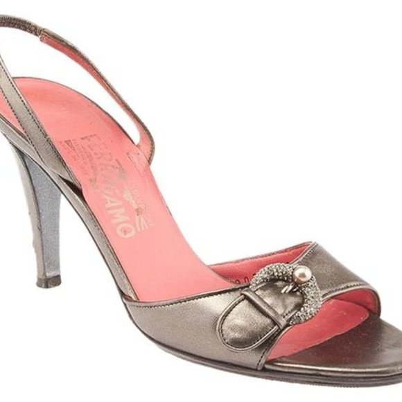 Salvatore Ferragamo Shoes - Vintage Ferragamo silver pewter jeweled slingbacks